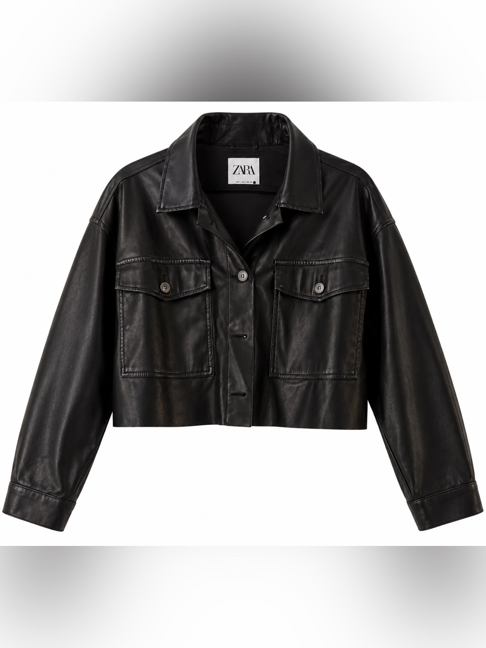 Zara Black Cropped Leather Jacket with Flap Pockets